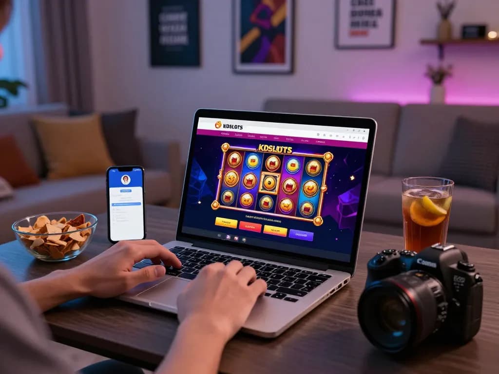 Player enjoying KDSLOTS gaming experience at home with vibrant graphics.