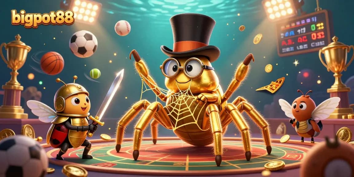 Engage with bigpot88 as the golden tarantula weaves a casino web amidst sports excitement in vibrant detail.