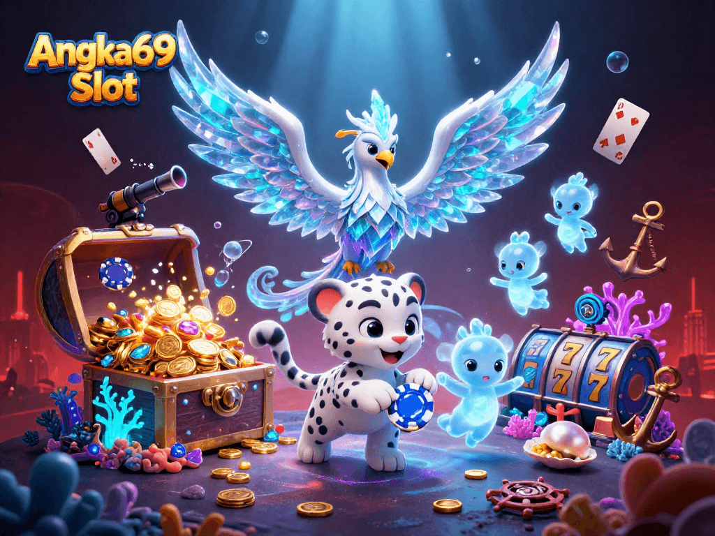Experience winning thrills at Angka69 Slot with a vibrant 3D illustration of playful fantasy characters and dynamic gaming elements.