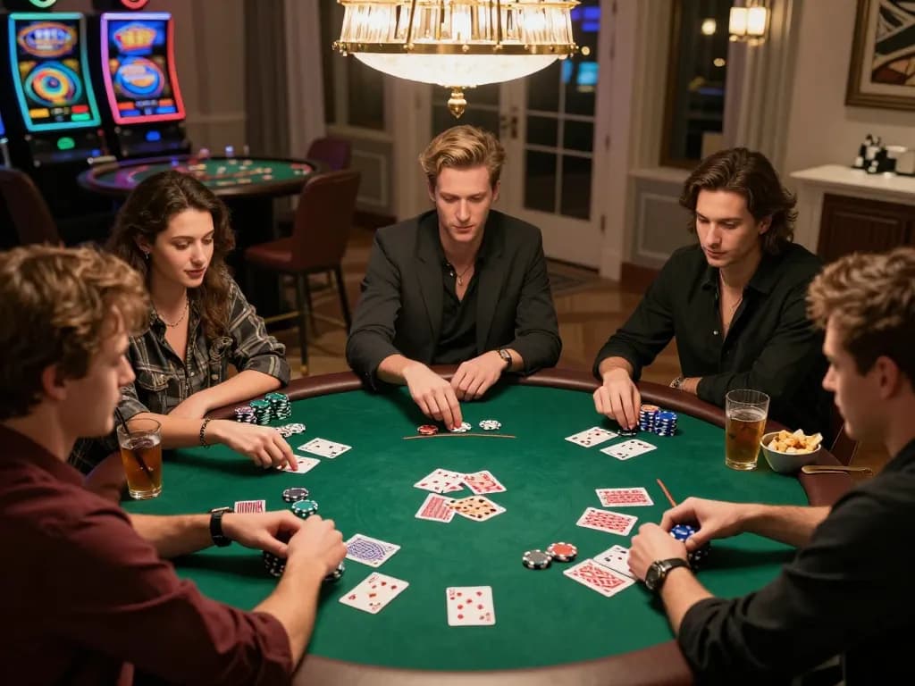 Friends engaged in a thrilling poker game at home, emphasizing dinamit4d strategies with dynamic interactions and focused gameplay.