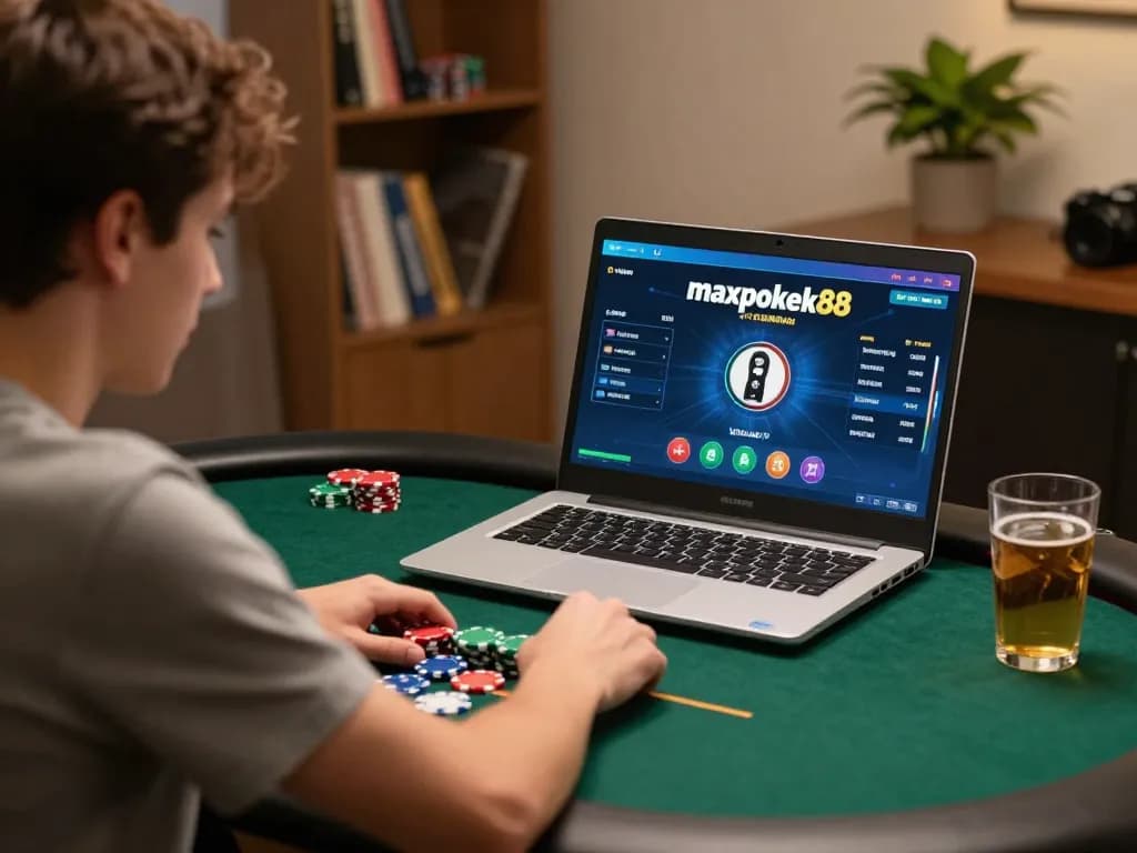 Player engaged in maxpoker88 online poker game, displaying strategic decisions at a cozy desk.