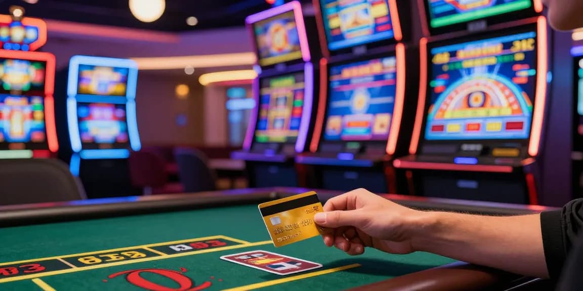 Player enjoying a thrilling moment at a credit card casino, hand holding a card, vibrant gaming atmosphere.