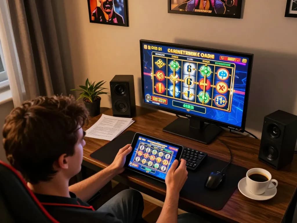 LIGA2000 player enjoying a thrilling online slot game on a tablet with warm lighting