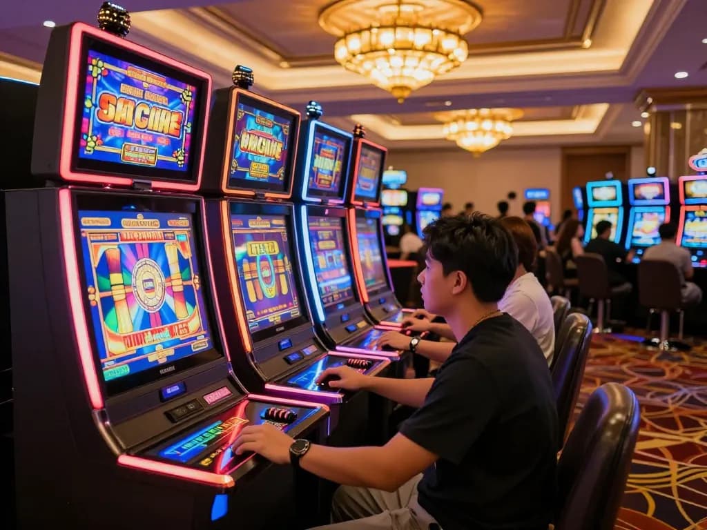 Players enjoying slot gacor games at vibrant casino floor, colorful machines and lively atmosphere created.