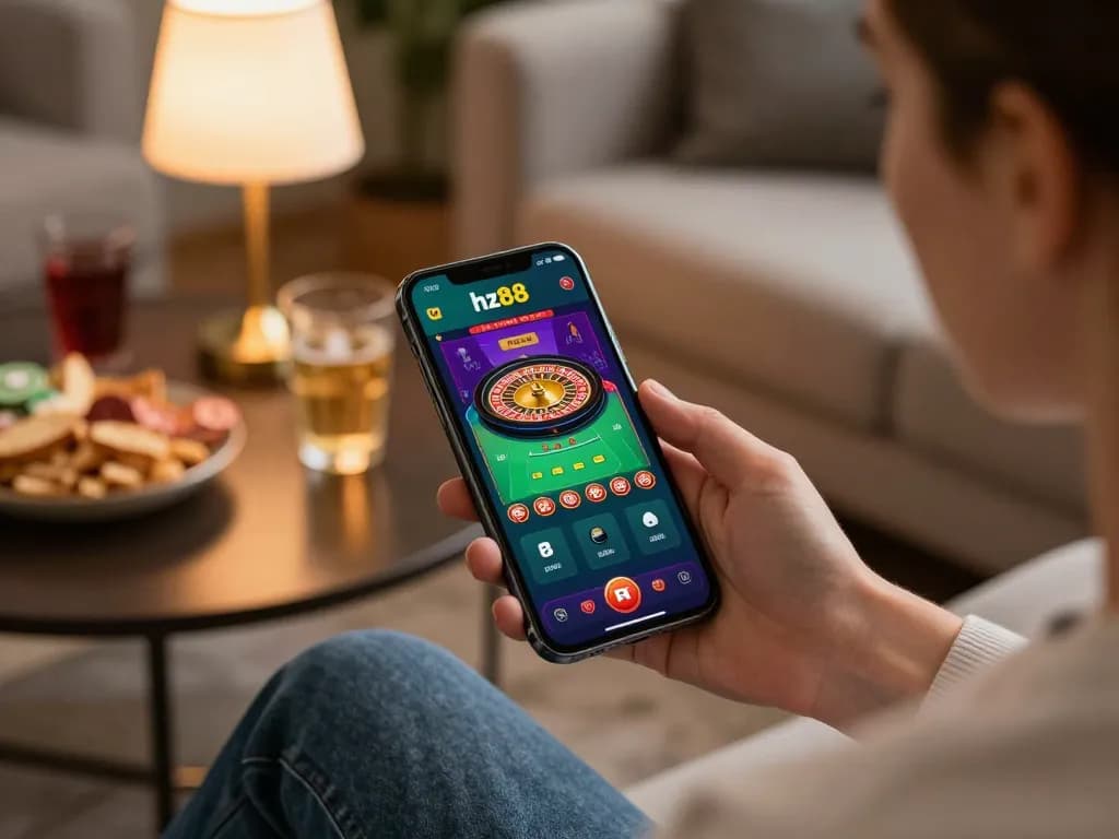 Engaging with hz88 mobile app for live casino games on a smartphone in a cozy setting.