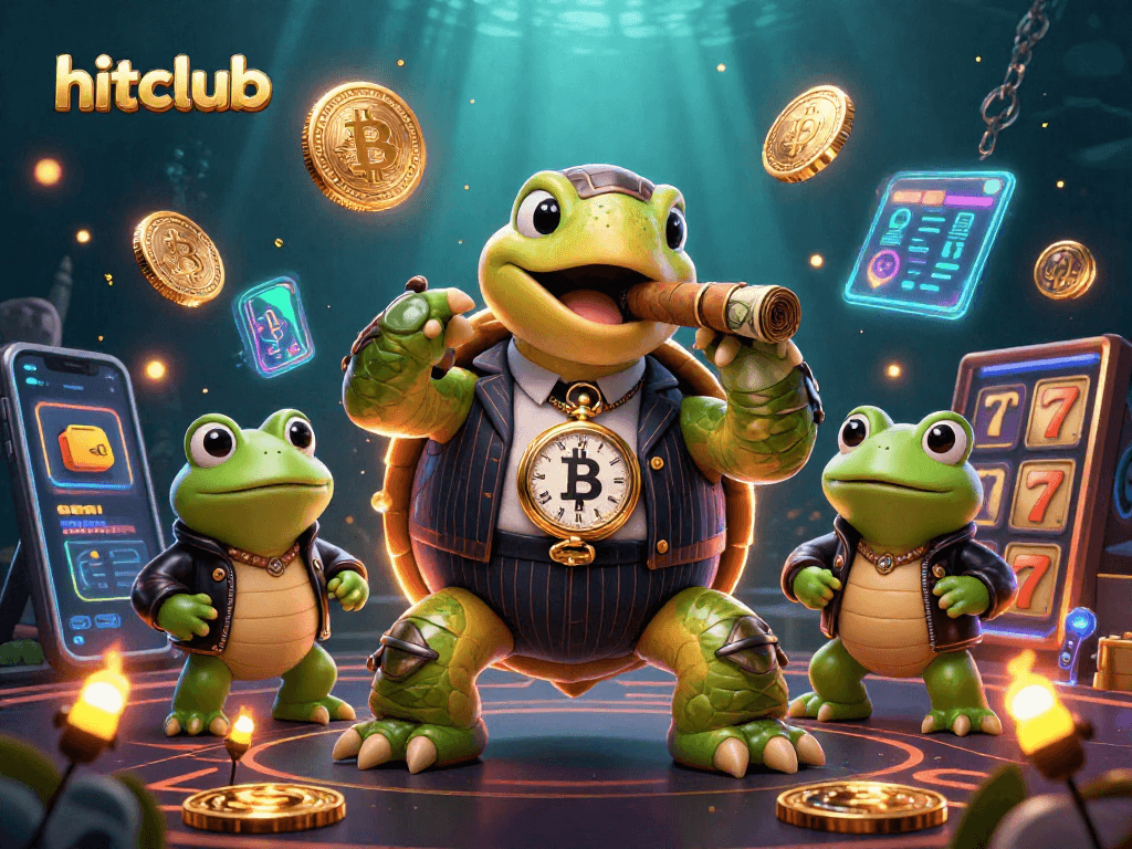 Engage with hitclub's vibrant gambling scene highlighted by a turtle mobster and crypto elements.