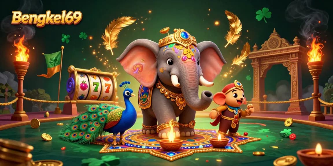 Bengkel69 showcases a vibrant 3D illustration of a Diwali-themed elephant in a lively casino setting filled with slots and colorful decorations.