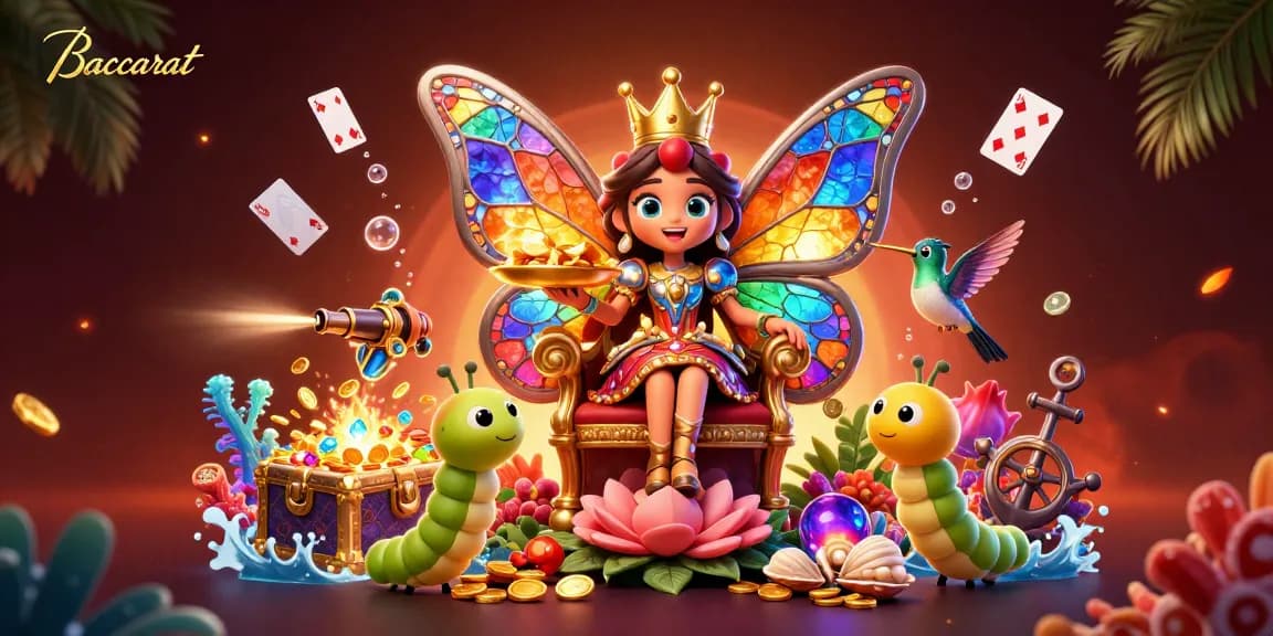 Baccarat players engage with vibrant gems and casino elements in an enchanting royal setting.