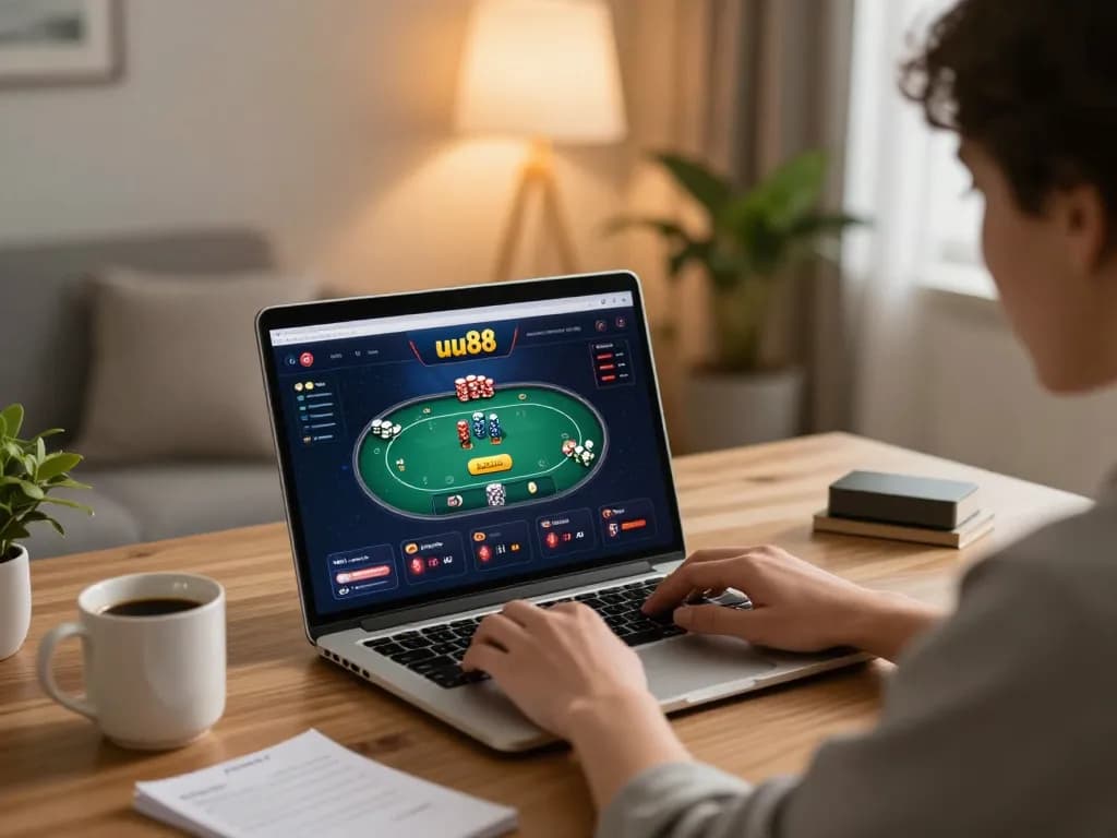 Player focused on uu88 poker game at home, showcasing strategic online gambling.