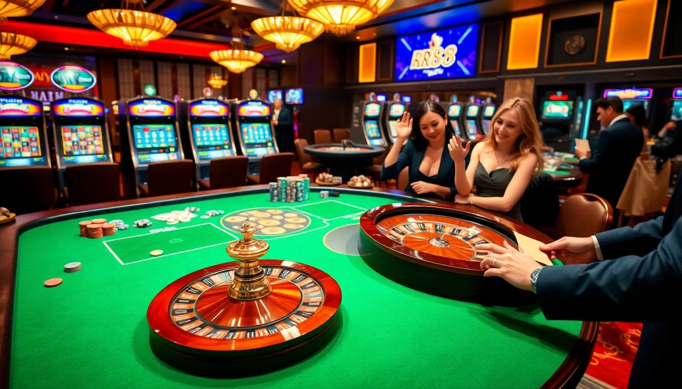 RR88 casino scene showcasing a roulette table with colorful chips, highlighting excitement and luxury.