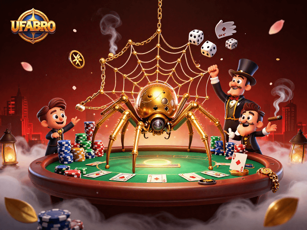 UFABRO's thrilling poker scene features a golden spider and dice trapped in an intricate web.