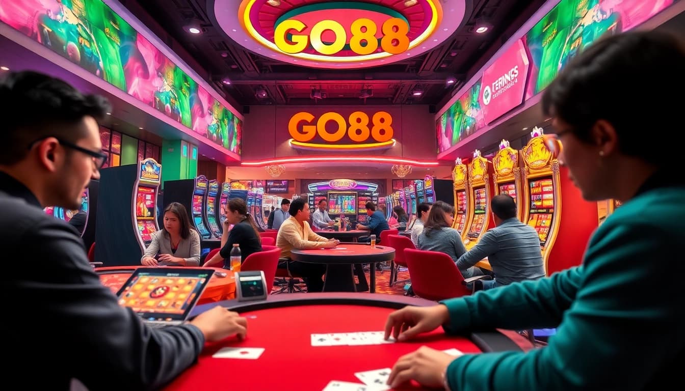 GO88 gaming experience with players engaged in vibrant card games and slot machines.