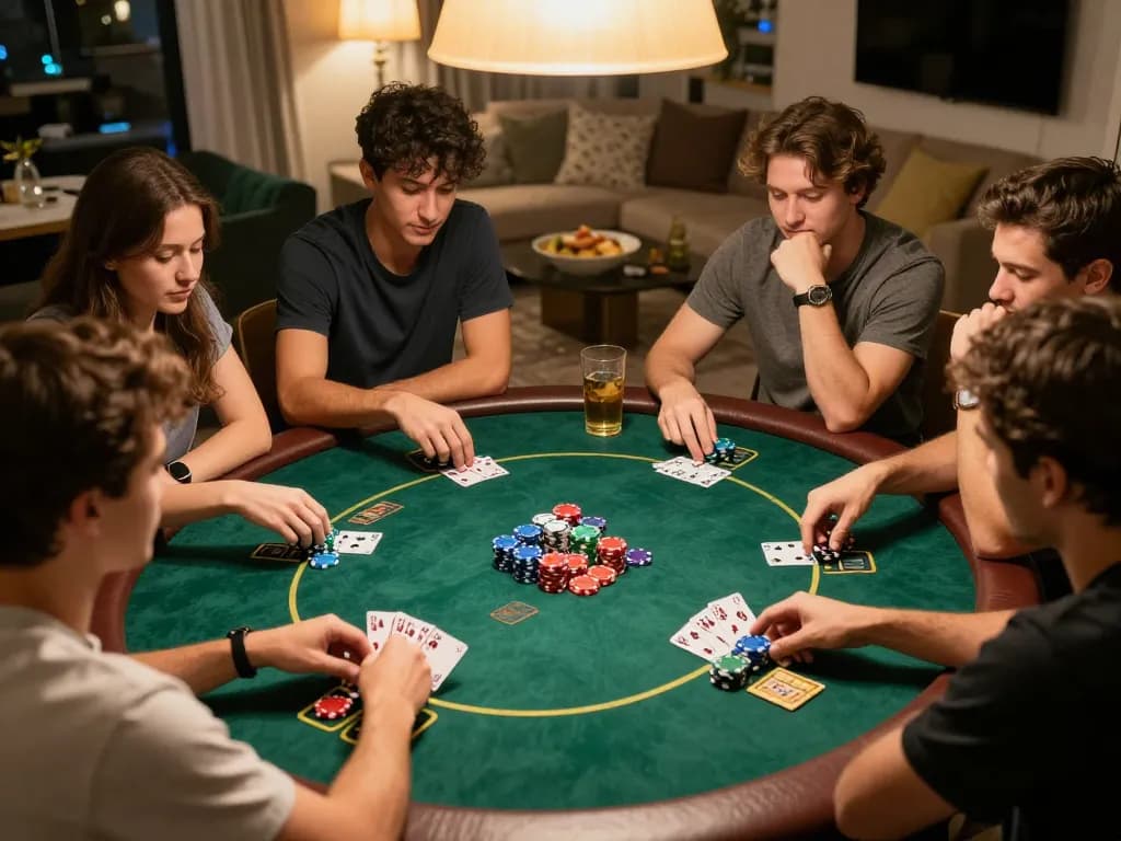 Engaging home poker night scene showing friends playing poker, showcasing Canada online casinos atmosphere.