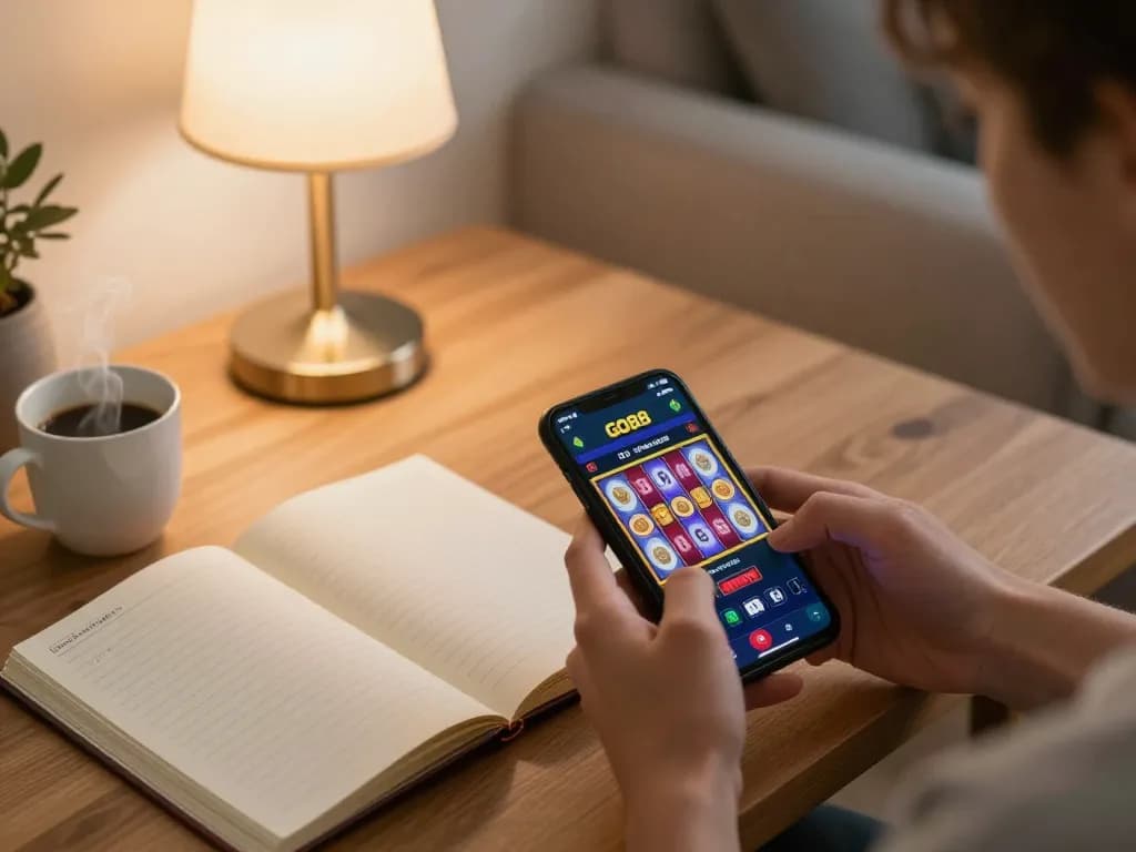 Player enjoying a slot game on the GO88 app while relaxing at home with a notebook and coffee.