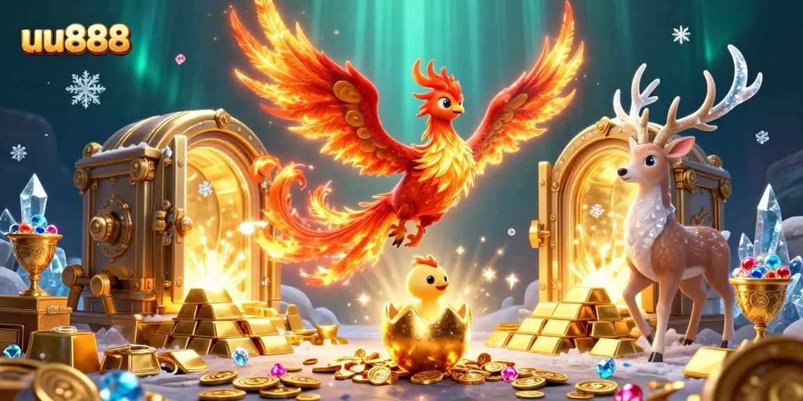 Experience excitement with uu888 as a blazing phoenix symbolizes wins amidst treasure in a vibrant casino setting.