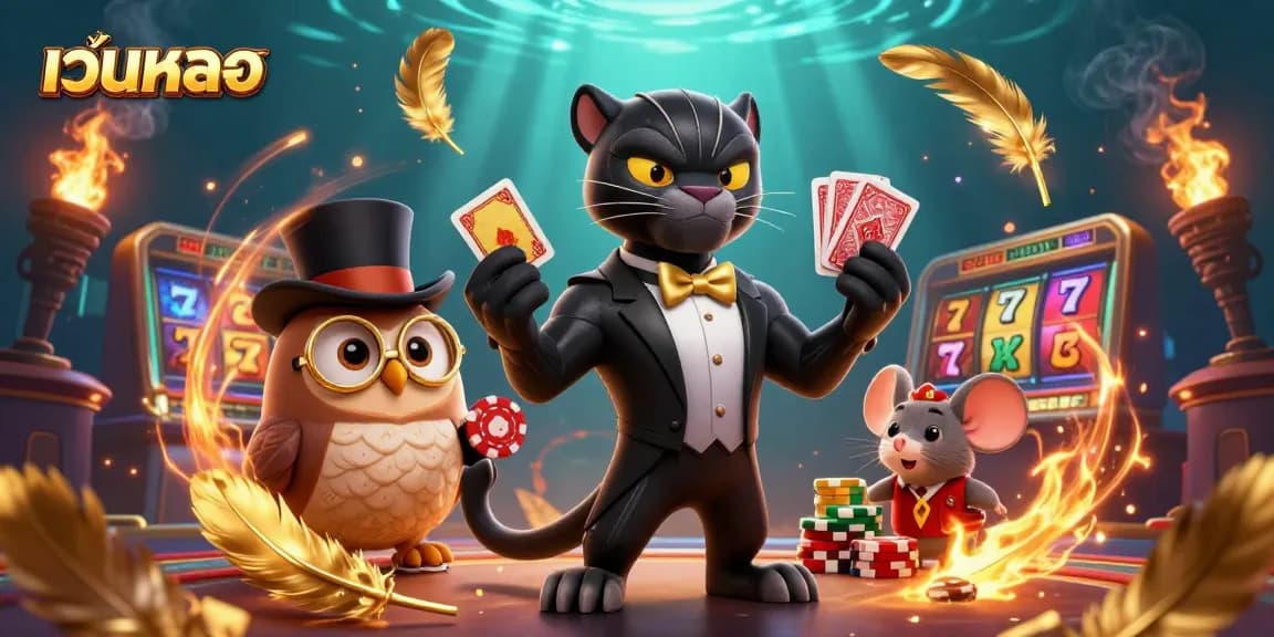 Engaging casino scene featuring a black panther, owl, and mouse with เว็บตรง elements, showcasing vibrant gambling action.