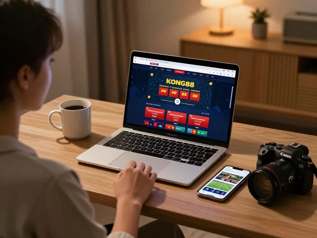 KONG88 player engaging in online betting from a cozy home office, laptop displaying casino interface.