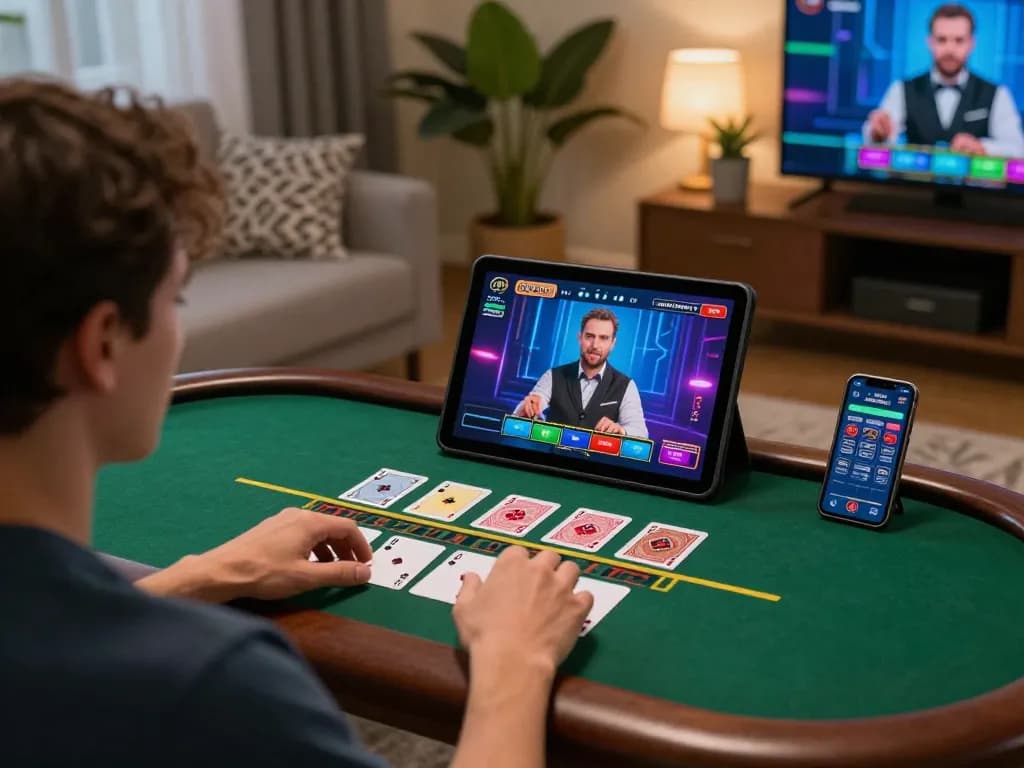 KONG88 player engaging with live dealer blackjack on a tablet in a cozy home environment