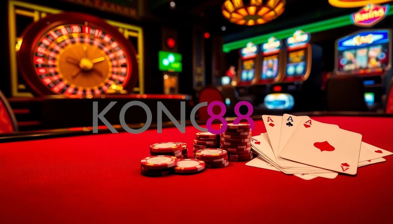 KONG88 poker chips stacked high on a luxurious table amidst an exciting casino atmosphere.