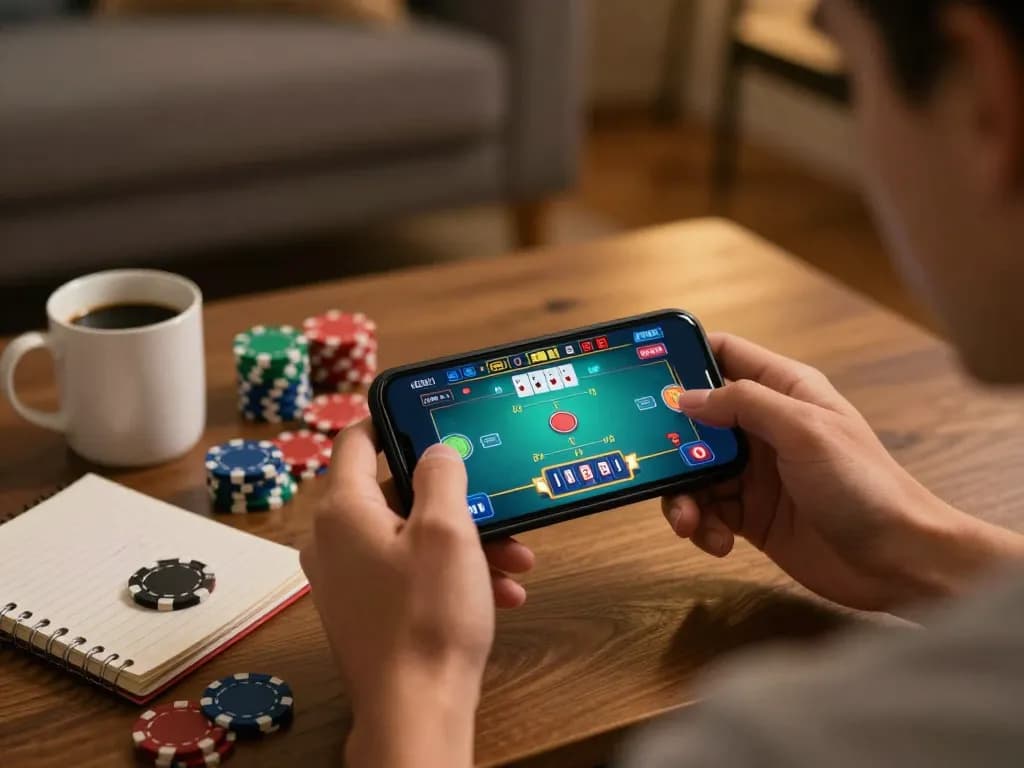 cm88 player enjoying mobile poker game in cozy home setting