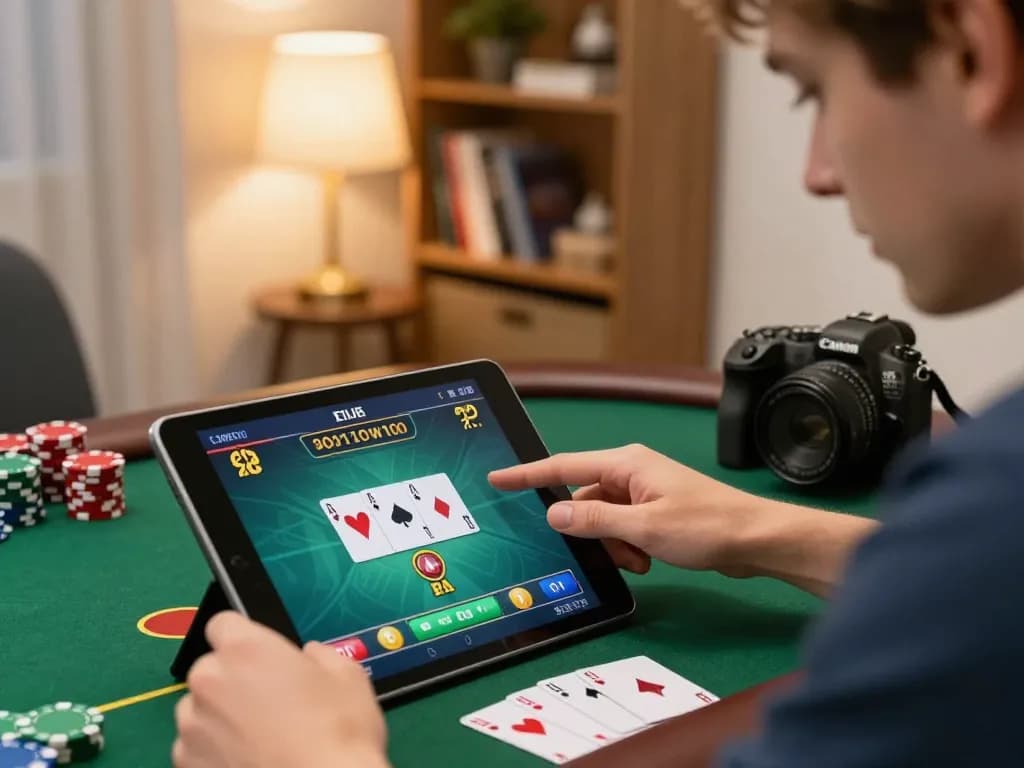 Player engaging in live poker on tablet, highlighting 789F online gambling excitement and strategy.