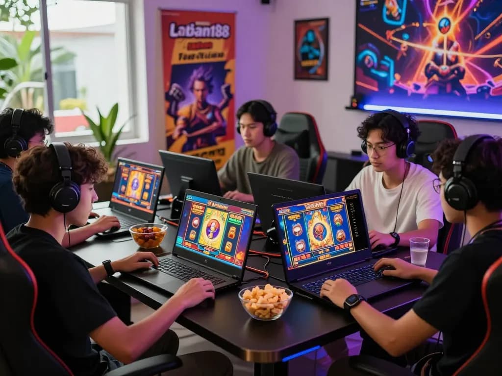 Pemain menikmati laoban188 slot gacor terpercaya dalam pengaturan permainan yang meriah dengan visual yang cerah dan camilan