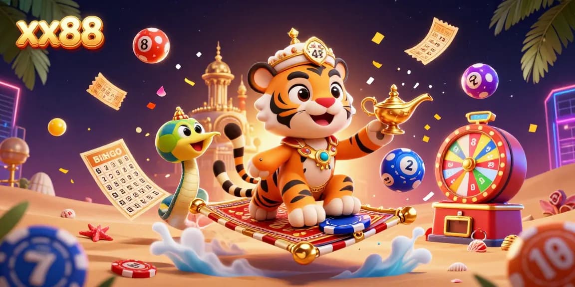 Join the excitement of xx88 with a vibrant casino scene featuring a tiger sultan and dynamic gaming elements.