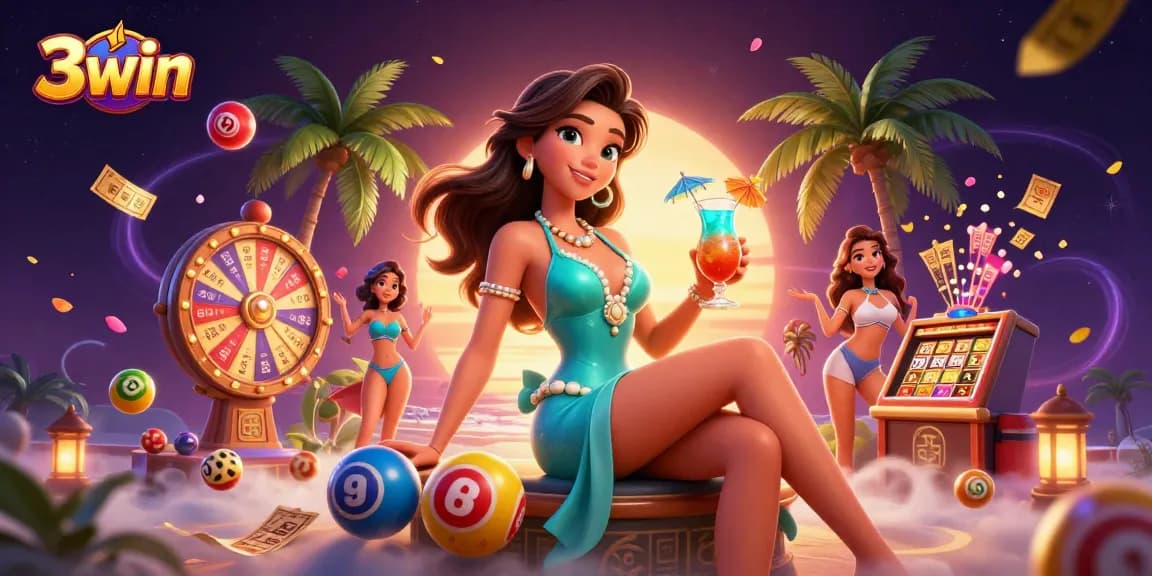 Engage with 3win's vibrant casino experience featuring a glamorous woman amidst dynamic gaming elements.