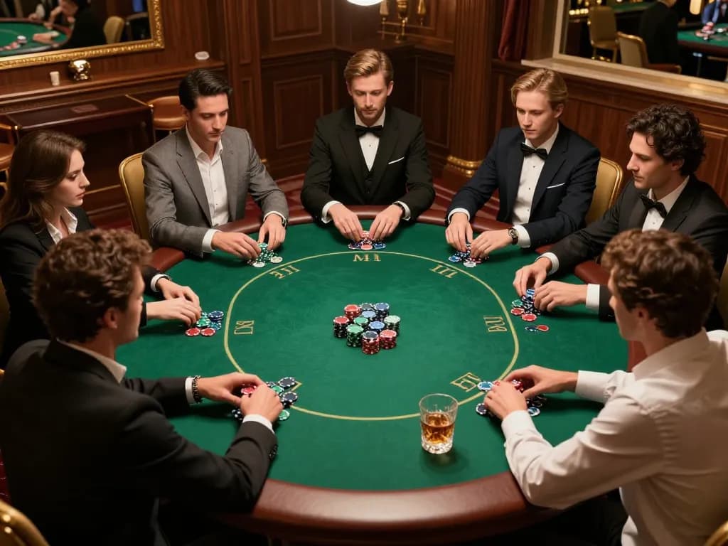 IWIN CLUB poker night with players engaged in Texas Hold'em at an elegant table setting.