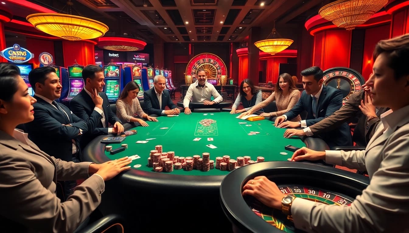 i9bet players enjoying an exciting poker game at a luxurious casino table.