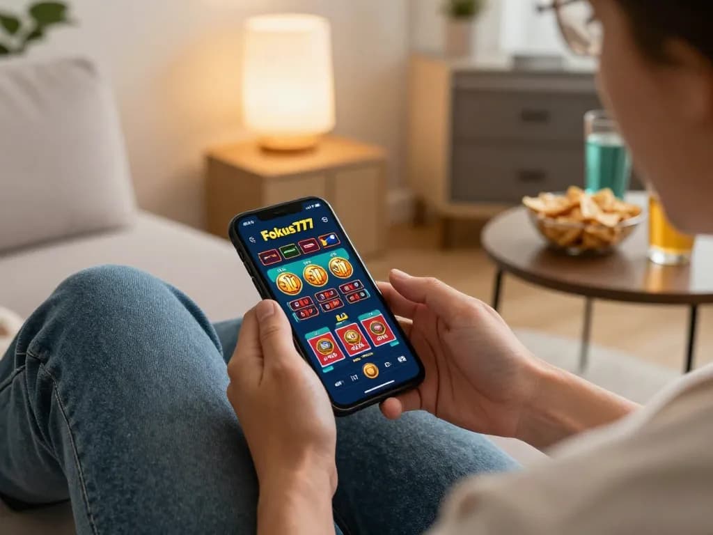Engaging with Fokus777 mobile app for a strategic online gaming session in a cozy living room setting.