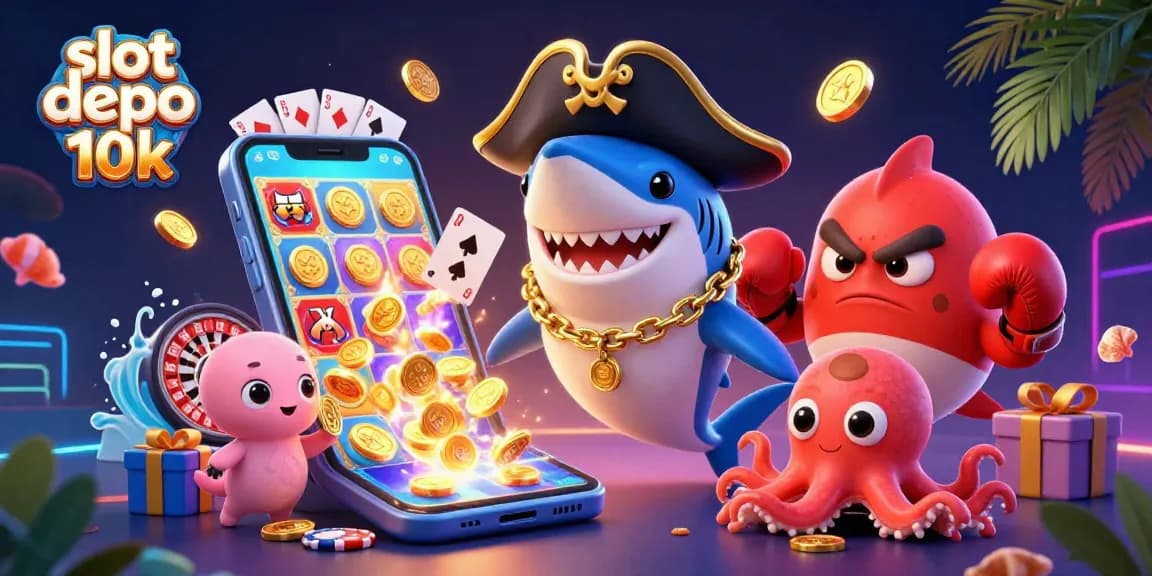 Spin the reels with slot depo 10k featuring pirate shark, pufferfish, and octopus in a colorful casino scene.