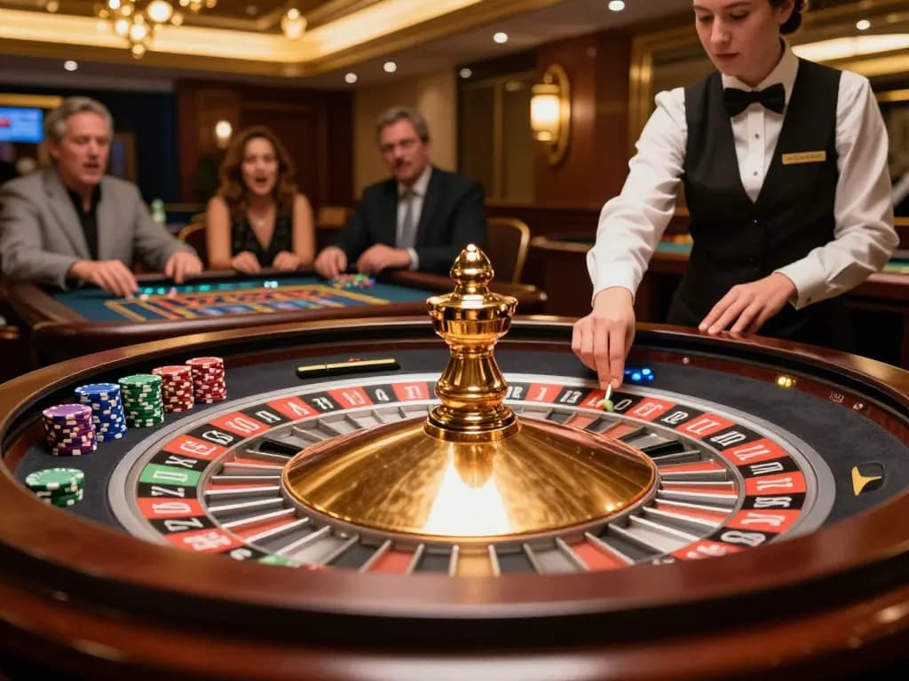 Player enjoying the excitement of credit card casinos at a roulette table, vibrant atmosphere.