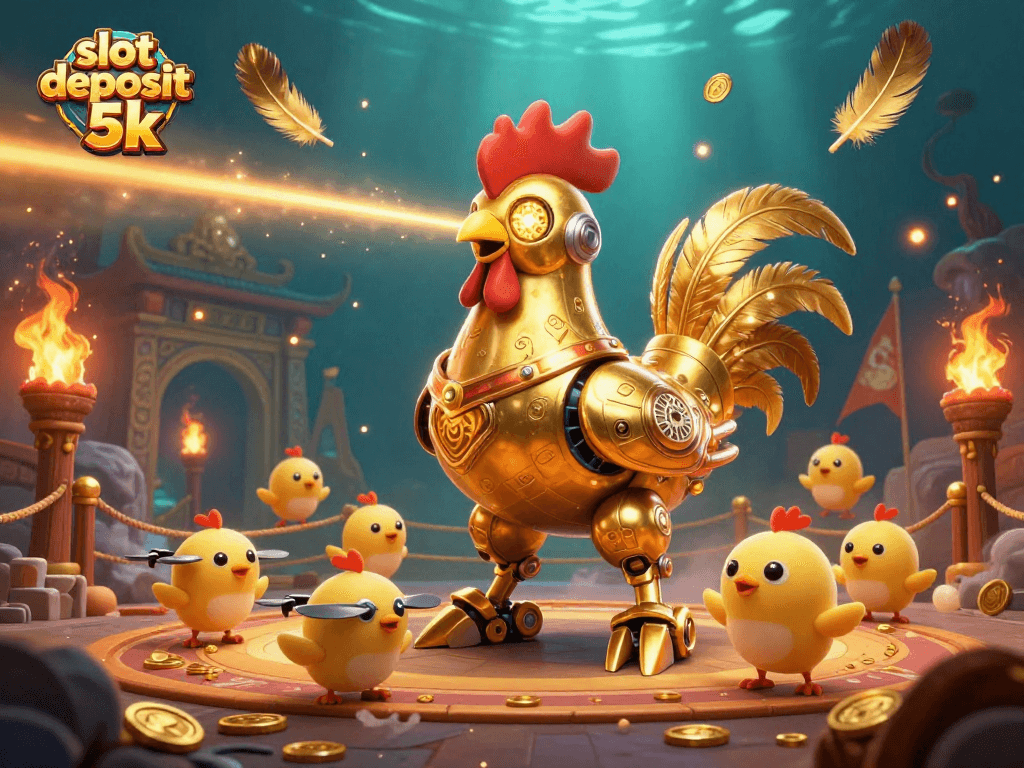 Engage with an exciting scene featuring the golden rooster robot as it showcases the slot deposit 5k theme amidst dynamic casino elements.