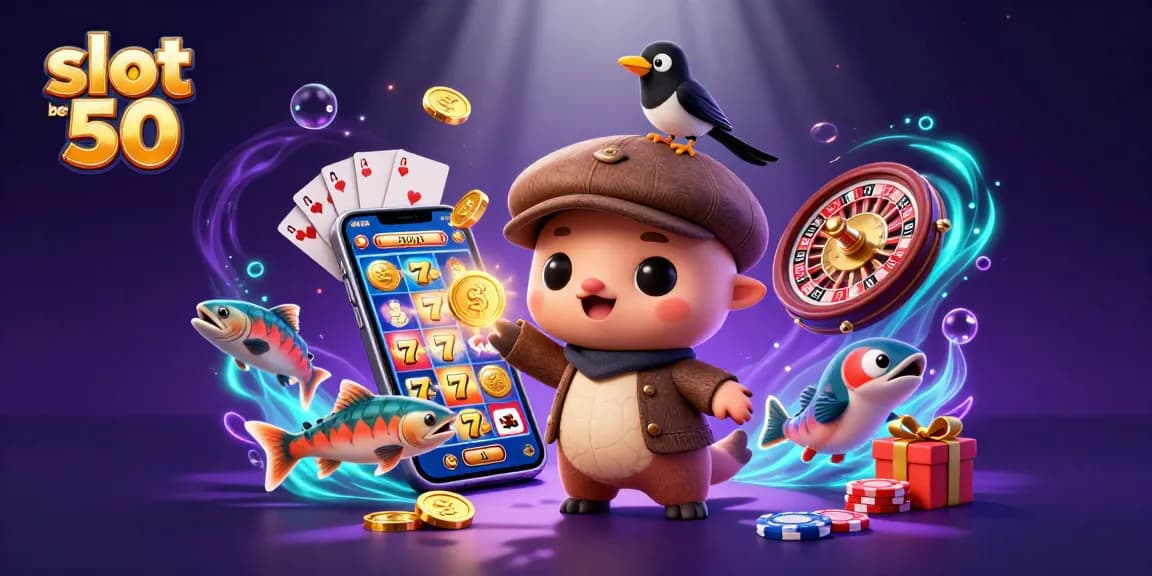 Play slots and enjoy immersive fun in this vibrant slot bet 50 scene featuring animated characters and games.