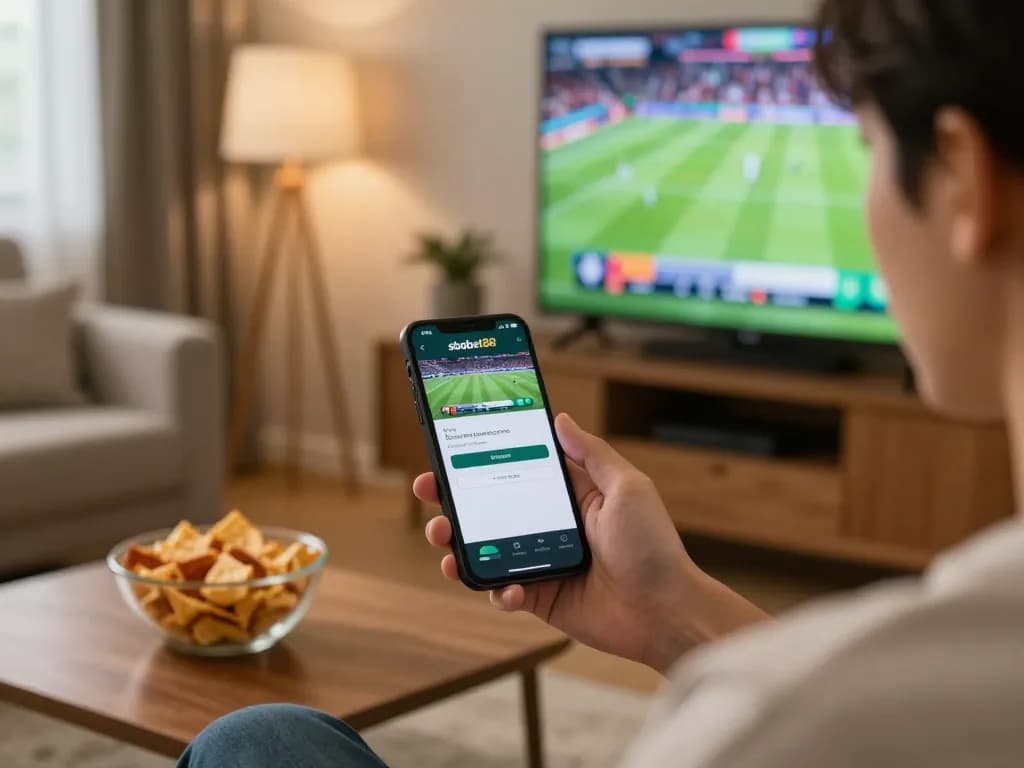 Sbobet88 login on smartphone during live sport betting, showing passionate engagement.