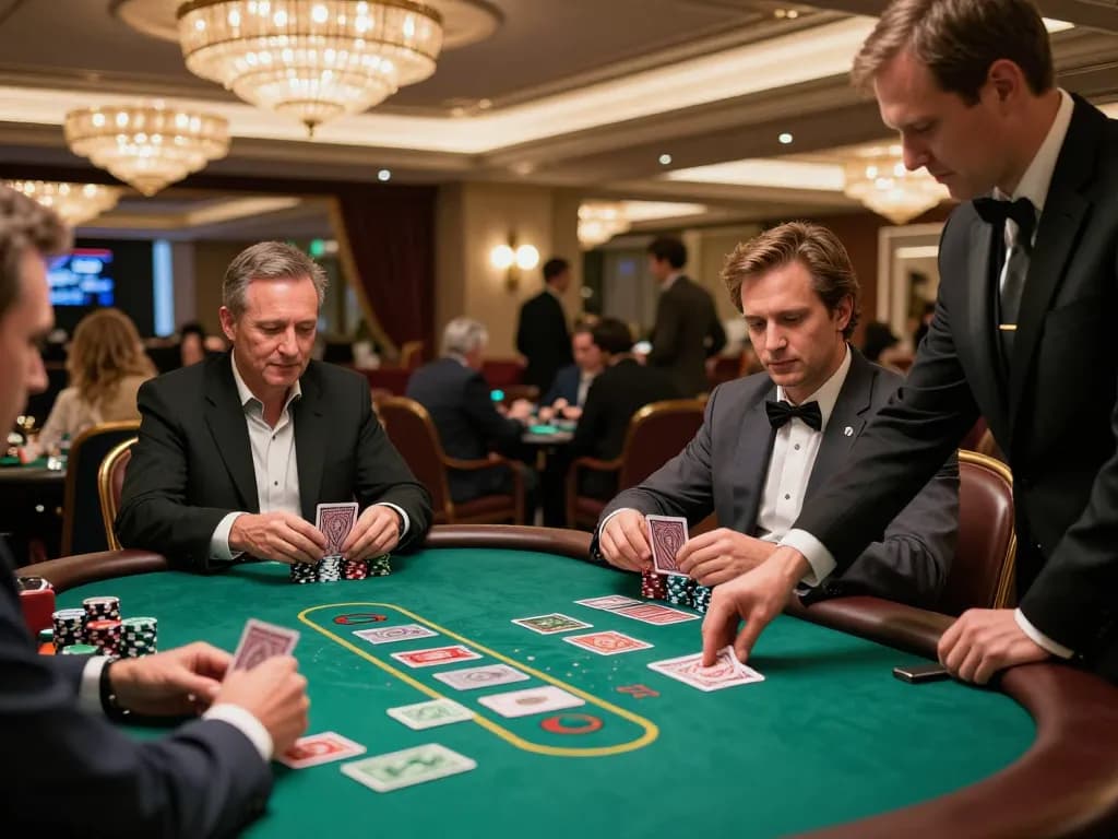 33win players strategizing at a blackjack table in an upscale casino lounge