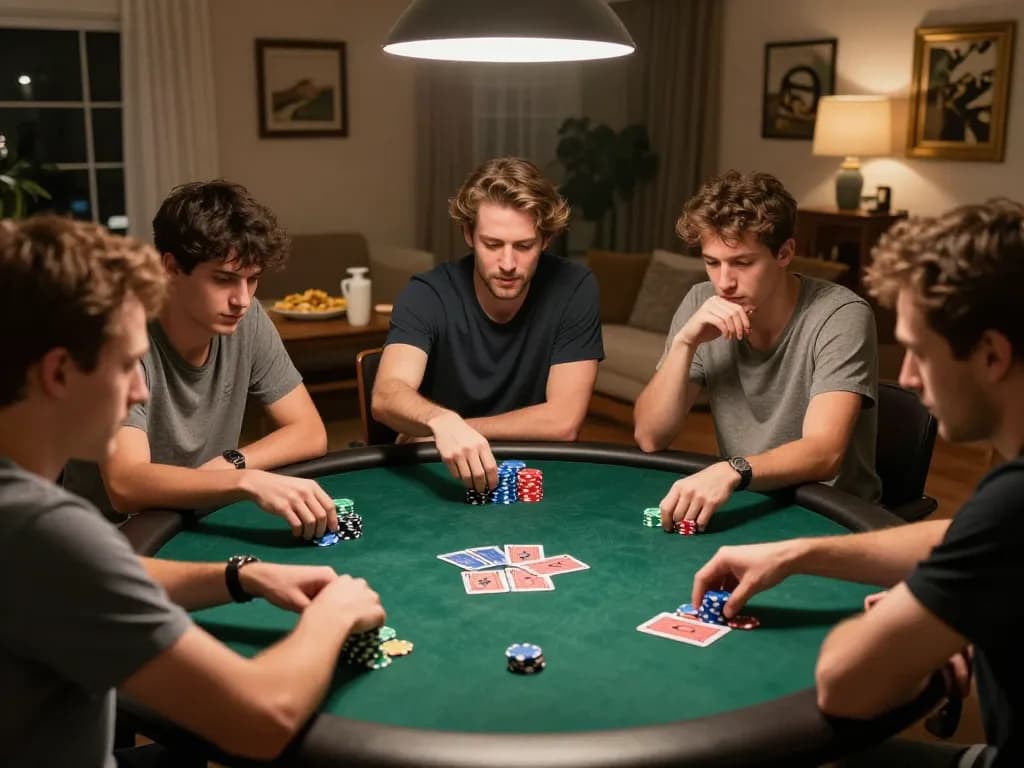 KDTOTO players strategizing in an engaging home poker game, showcasing action and camaraderie.
