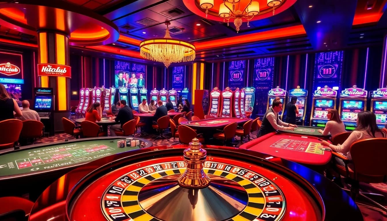 Hitclub casino players enjoying roulette and poker in a vibrant gambling scene.