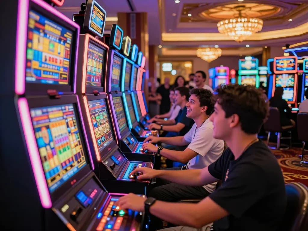 Sunwin players celebrating wins at colorful slot machines with vibrant lights in lively casino.