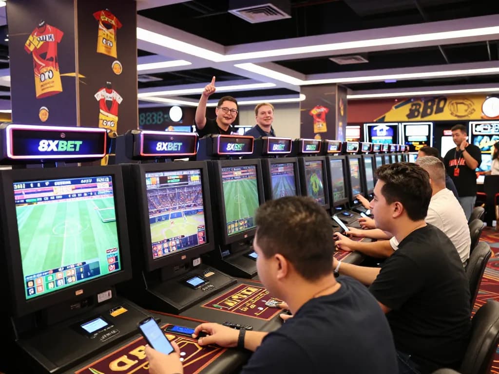 Betting enthusiasts placing wagers at 8xbet sports betting area, with excitement on display.