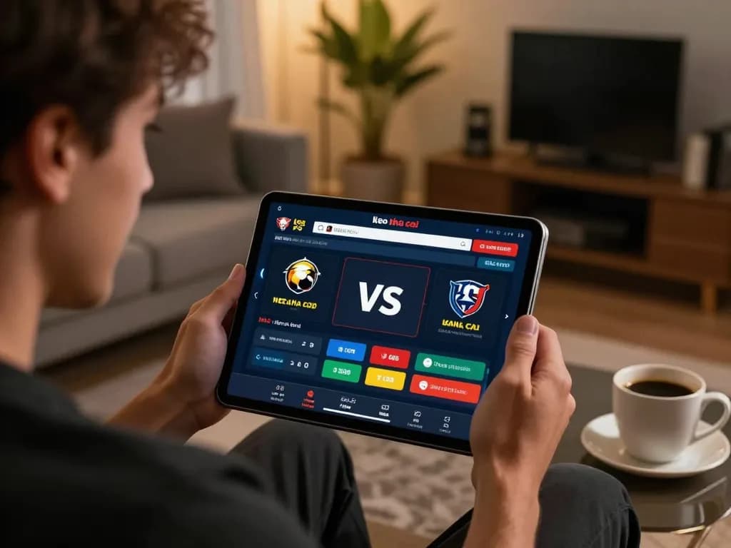 Excited bettor using Keo nha cai 5 platform on tablet in a cozy setting.