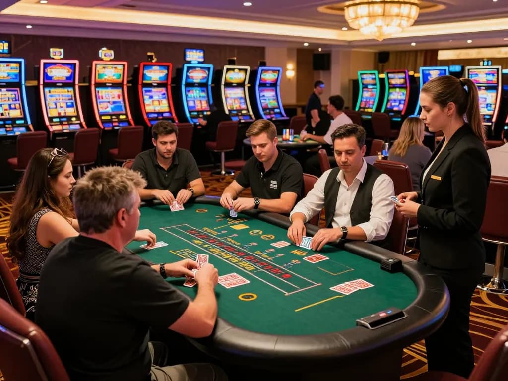 Engaged players at a blackjack table showcasing the excitement of kdslot gameplay in a vibrant casino environment.