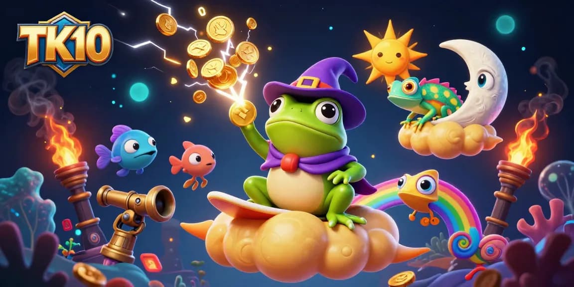Experience exciting fish shooting with TK10, featuring vibrant sea creatures and golden coins.
