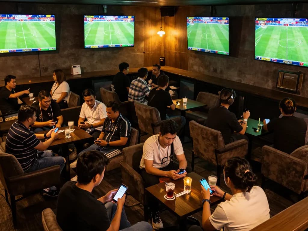 Experience the thrill with Trực Tiếp Bóng Đá as fans engage in betting at a vibrant sports lounge.