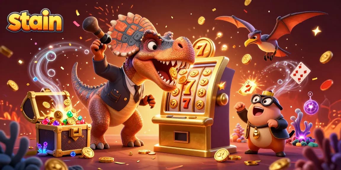 Casino jackpot excitement as a pachycephalosaurus triggers a golden slot machine, showering coins.