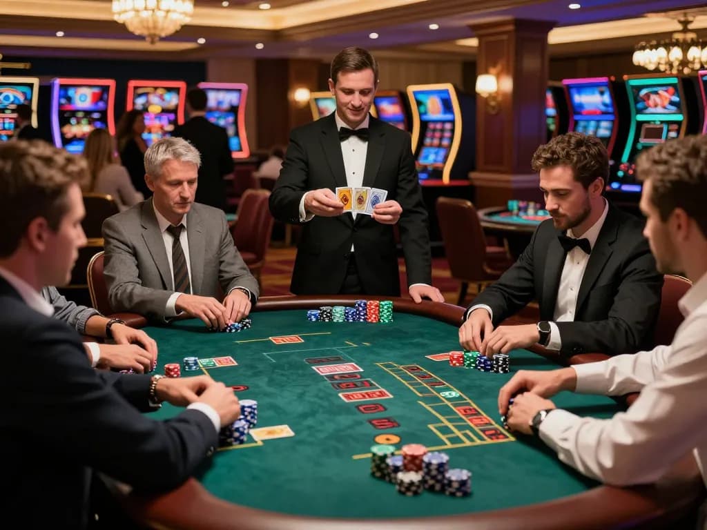 yinkafolawiyogroup engaging blackjack players at a luxurious casino table under elegant lighting