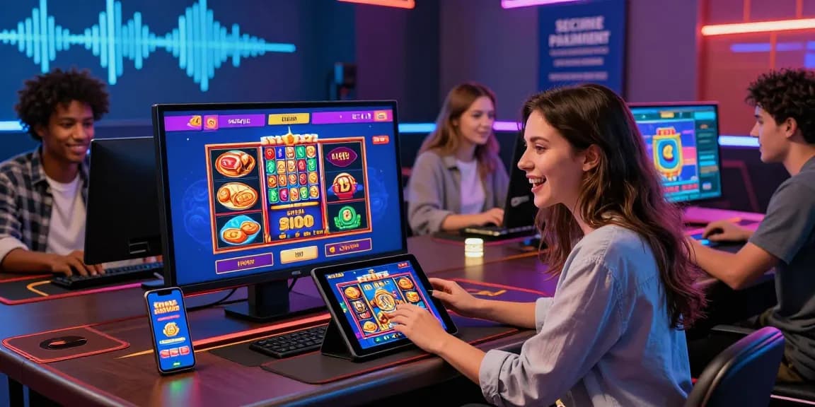 Excited players exploring new online casinos with vibrant games and secure payments.