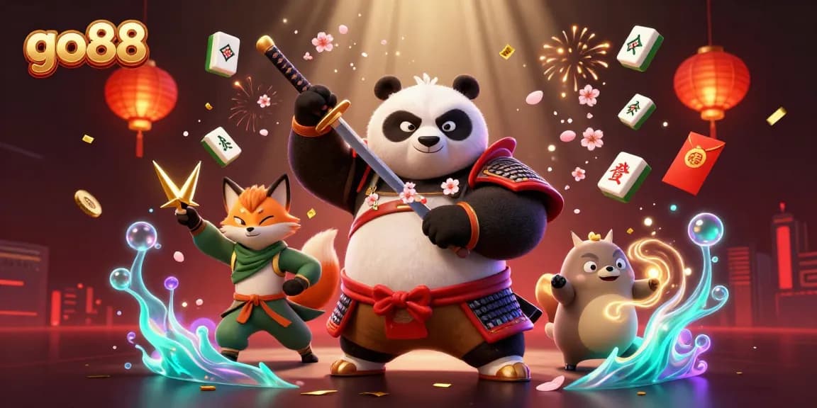 Experience go88's enchanting world with vibrant samurai panda and ninja fox in a dynamic casino scene.