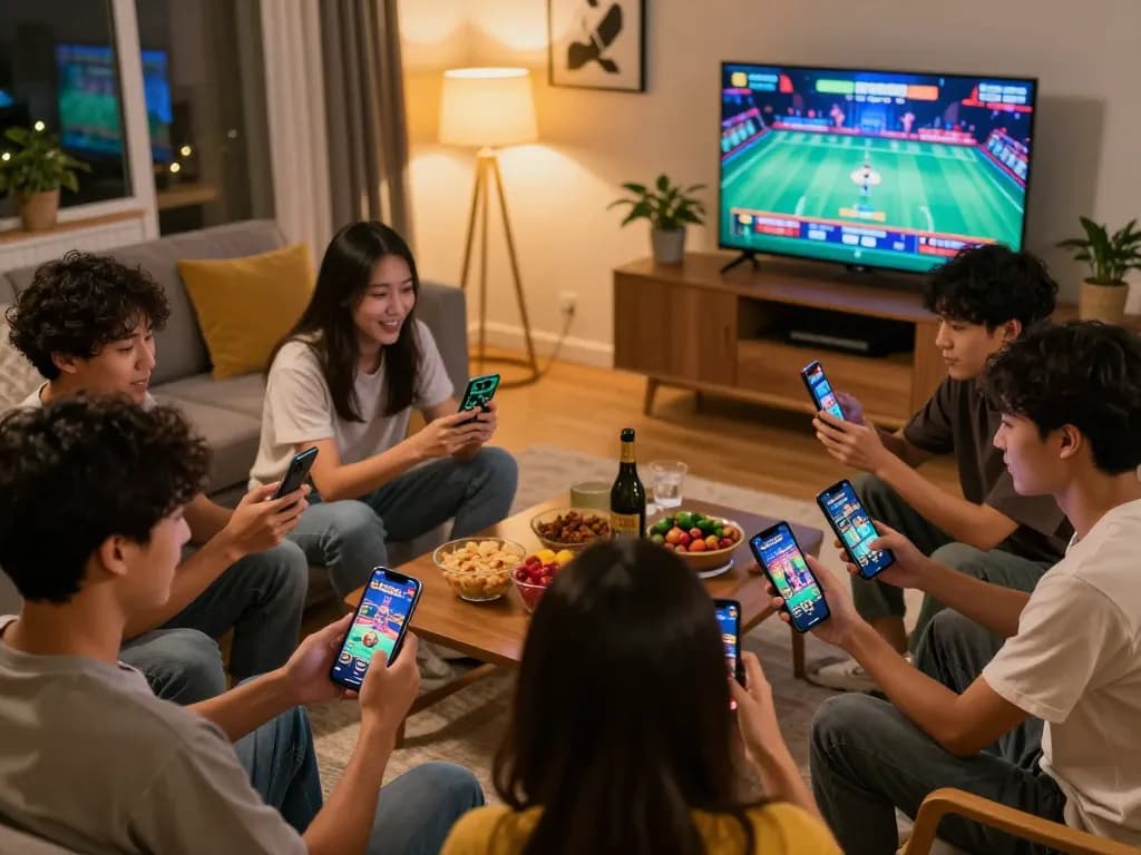 Friends playing mobile casino games on PLANET88 app, lively atmosphere and snacks around.